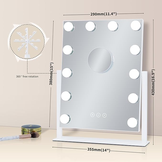 Vanity Mirror with Lights,Lighted Vanity Mirror with 12 Dimmable Bulbs for Dressing Room & Bedroom,3 Color Lighting,Modes Detachable 10x Magnification 360°Ratation (White) 14.6" L x 17" W