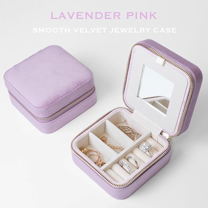 Customizable Compact Velvet Jewelry Box with Mirror, Travel Jewelry Case, Travel Jewelry Organizer, Jewelry Box for Women and Girls, Small Jewelry Organizer (Flower Design, Lavender Pink)