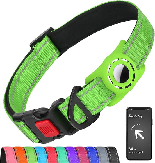Airtag Dog Collar with AirTag Holder for Large Dogs, Reflective, Soft Padded & Safety Locking Buckle, Nylon Pet Collars Adjustable for All Breeds, Green,L