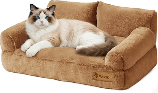 Plush Cat Couch Bed - Cat Bed for Indoor Cats, Dog Sofa Bed, Short Rabbit Fleece Calming Pet Couch with Removable Cover, Anti-Shedding Pet Sofa for Small/Medium Pets (26×18×12in, Brown)