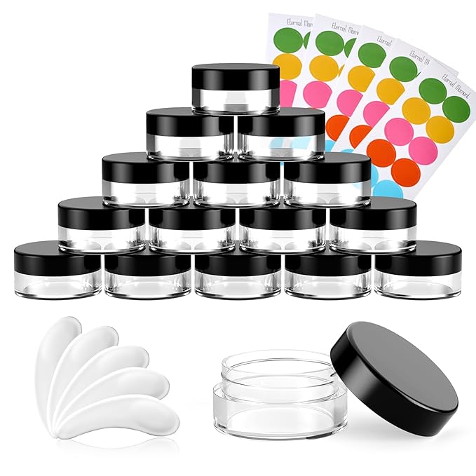 50 Pack 3 Gram Sample Containers with Lids, Small Plastic Cosmetic Jars, Makeup Travel Container Jar for Cream, Bead, Eye Shadow, Jewelry, Lotions, Powders, Glitters Lip Gloss with Labels,Spatulas