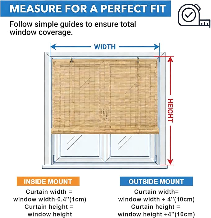 Glimer Bamboo Blinds for Interior Windows, Natural Roll Up Bamboo Shades for