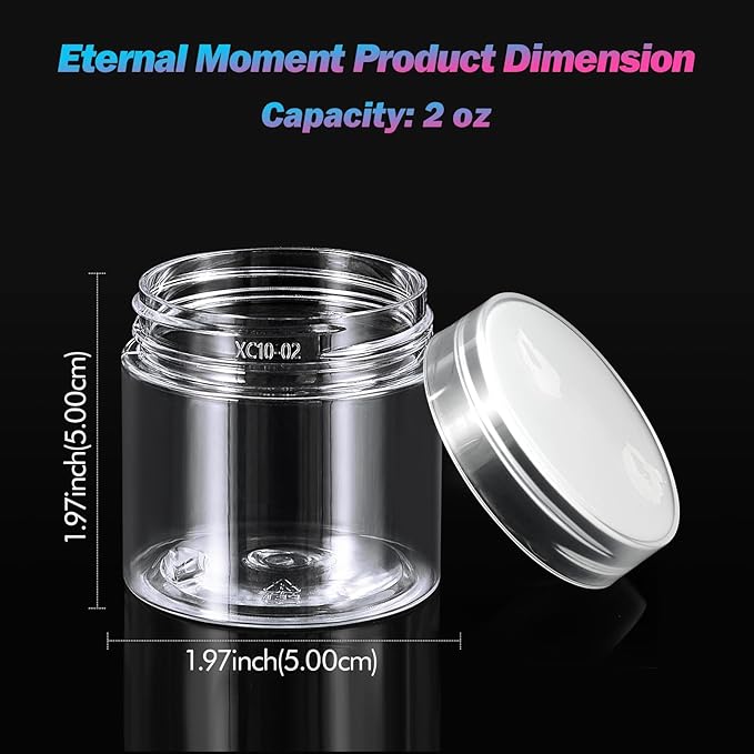 50 Pack 2 OZ Plastic Jars Round Clear Cosmetic Container with Clear Lids, Eternal Moment Slime Jars for Lotion, Cream, Ointments, Makeup, Eye shadow, Rhinestone, Samples, Pot, Travel Storage