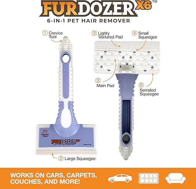FurDozer X6 Pet Hair Remover & Auto Detailing Tool - Cat & Dog Hair Remover for Carpets, Car Interiors, Couches, Bedding, & Furniture - Reusable Pet Hair Removal Tool for Fur & Lint (Purple, 2-Pack)