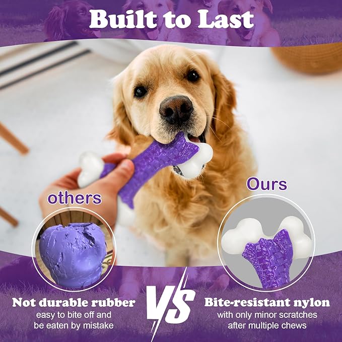Indestructible Dog Toys for Aggressive Chewers: Bacon Flavored Hard Nylon Bone Chew Toys, Tough Dog Chew Toys for Large Dogs, Dog Toys to Keep Them Busy for Medium Large Breed, Purple