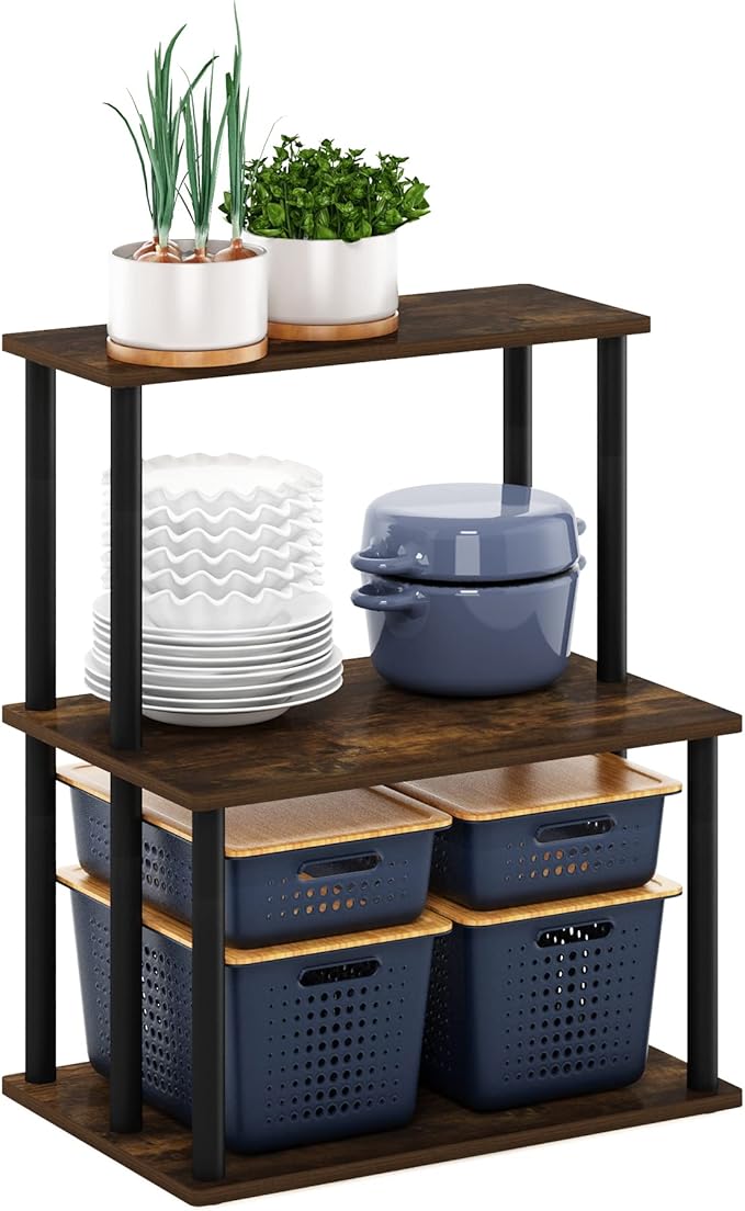 Furinno Turn-N-Tube 3-Tier Toolless Kitchen Storage Shelf, Amber Pine/Black