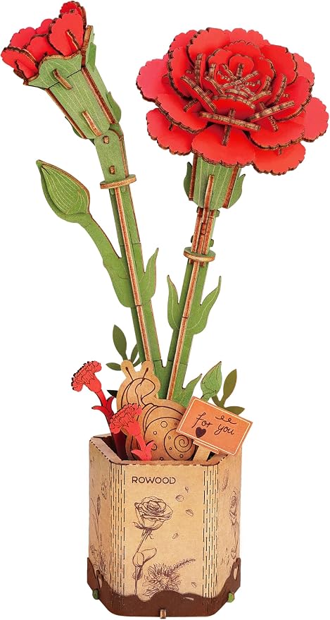 rowood 3D Puzzle Wooden Flower,DIY Artifical Flower Building Set Craft Kit for Women,Mother's Day/Valentine's Day/Teacher's Day/Thanksgiving/Christmas/Birthday Gift for Mom/Grandma-Red Carnation