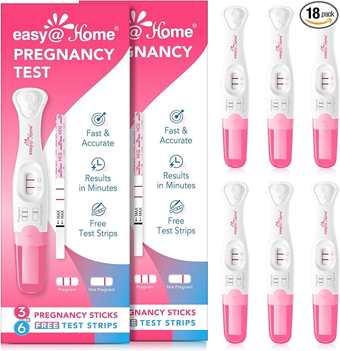 Easy@Home Pregnancy Test Sticks: Reliable & Early Detection - Accurate Results in Minutes - Easy to Use at Home | Pregnancy Tests with Curved Handle - 6 Sticks + 12 Strips