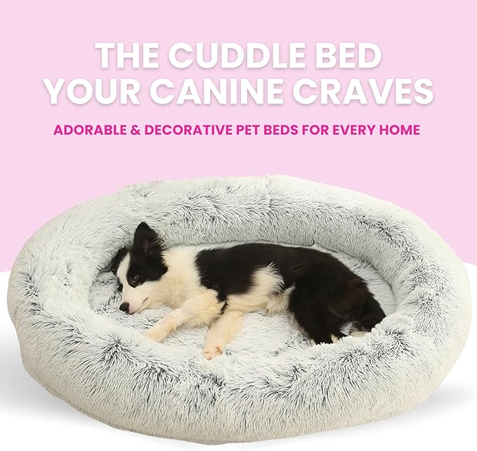 Glow Pups Calming Dog Bed with Memory Foam Nesting Bolster, Ultra-Soft Faux Fur, Removable Fur Cover, Non-Slip Base, Machine Washable, Suitable for All Dog Breeds, Light Grey (29.5" X 21.7" X 7")