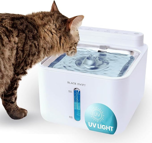 BLACK SWIFT UV Cat Water Fountain Stainless Steel – 108oz / 3.2L, BPA-Free, Battery Operated Pet Fountain with Motion Sensor, Quiet Pump & 4-Stage Filter – 10 Filters Included