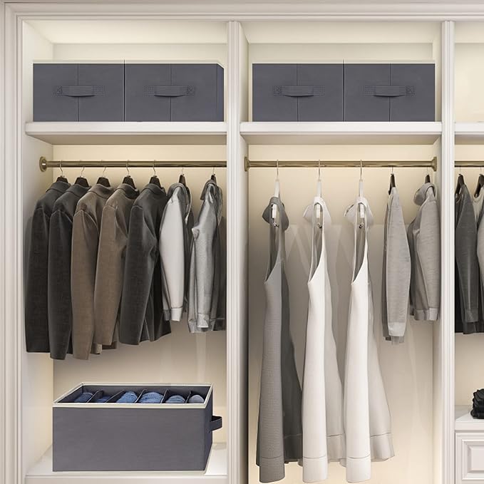 6 Pcs Large Size Wardrobe Clothes Organizers 6 Grids for Pants, Jeans, Sweater, T-shirt, Dress Stackable Closet Drawer Organizer Storage Bin Container with Sturdy Handles, Dark Grey