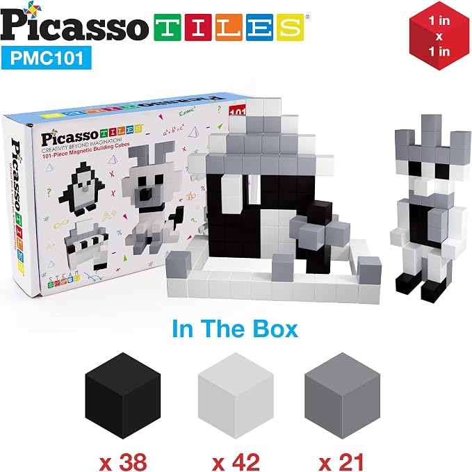 PicassoTiles 101pc Magnetic Puzzle Cube Set Black and White 1 Inch Construction Blocks STEM Educational Toy for Kids Age 3 Plus Sensory Learning Kit with Idea Book for Building and Creativity PMC101