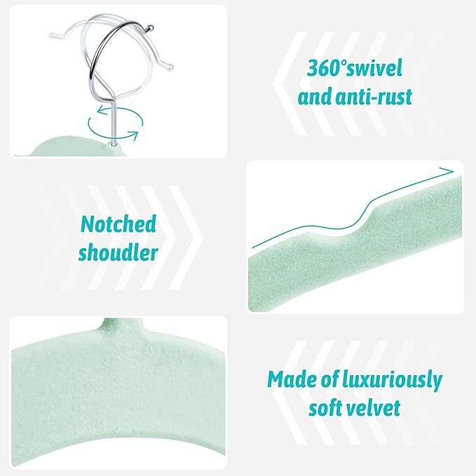 30 Pack Velvet Hangers – Non-Slip Slim Clothes Hangers with 360° Swivel Hook, Space-Saving Flocked Shirt Hangers for Coats, Dresses, Blouses, Suits(Green)