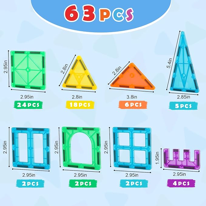 Gemmicc Magnetic Tiles Building Blocks, Magnet Toys for Kids, STEM Approved Educational Toys,3D Magnet Puzzles Stacking Blocks for Boys Girls,63 PCS Classic Set