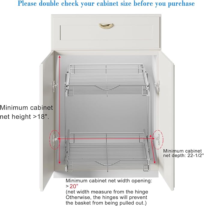 DINDON 2 Tier Pull Out Cabinet Organizer (20" W X 21" D), Double Tier Wire Basket Slide Out Shelf Storage for Kitchen Base Cabinet Organization for Kitchen, Pantry, Bathroom, Chrome