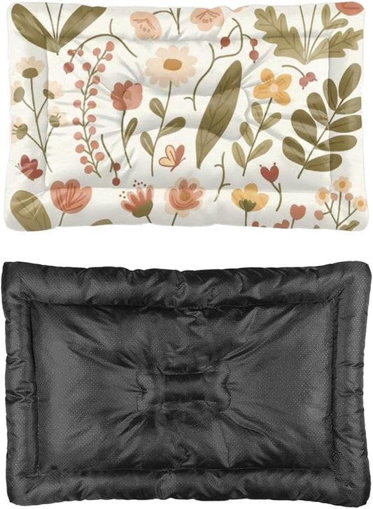 Cream Rustic Botanical Print Art Puppy Dog Bed Dogs Mat Puppy Pad Dog Crate Bed Washable Non-Slip Crate Cushion Washable Beds Pet Mat Pillow for Indoor Outdoor 24X18 Inch