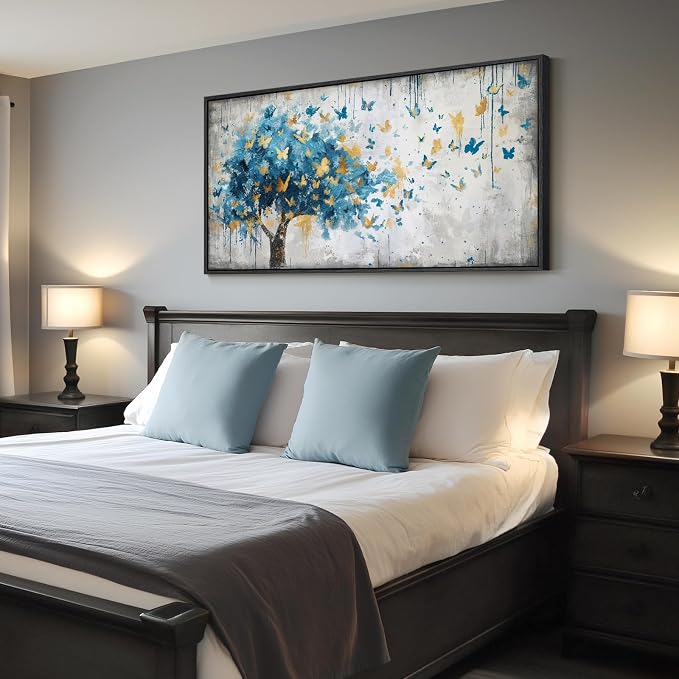 Framed Large Tree Wall Art, Modern Golden Butterfly Picture