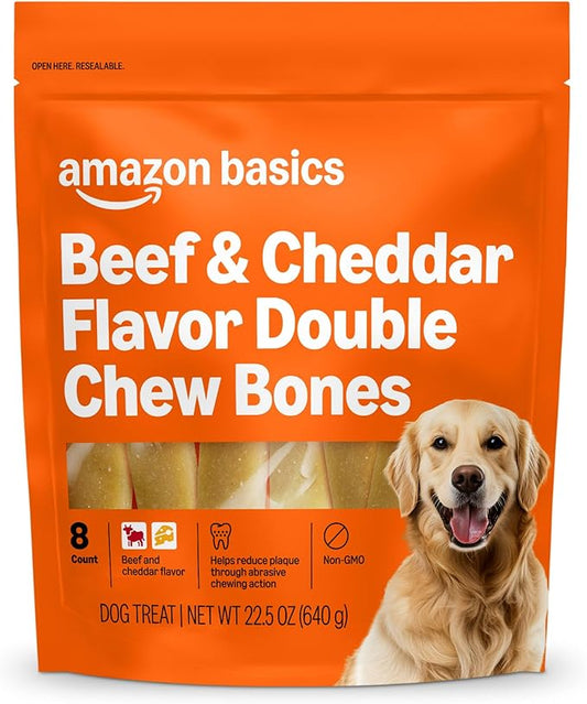 Amazon Basics Double Chew Bone Dog Treats, Beef and Cheddar - 8 count, 1 pack