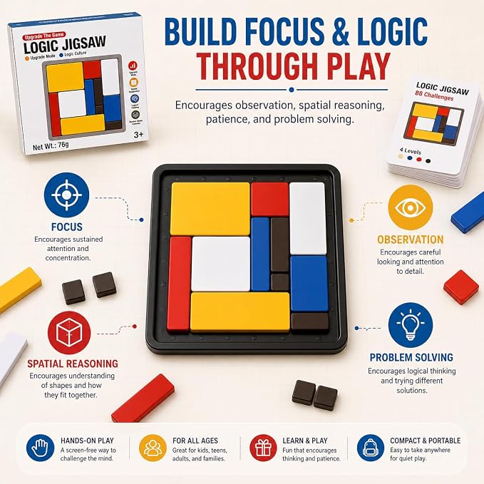 3 Pack Logic Puzzle Brain Teaser Game for Kids and Adults, 3 Complete Sets with 88 Challenges Each, 4 Difficulty Levels, Portable Travel Puzzle Set, Screen-Free Learning Brain Game by Sooshoom