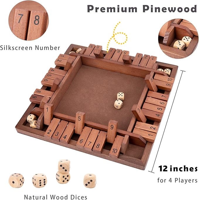 Shut The Box Game Wooden 4 Player, Classic Board Game for Kids & Adults, Educational Math Learning Toy, Table Dice Game for The Party Family or Bar - 12 Inch with 8 Dice