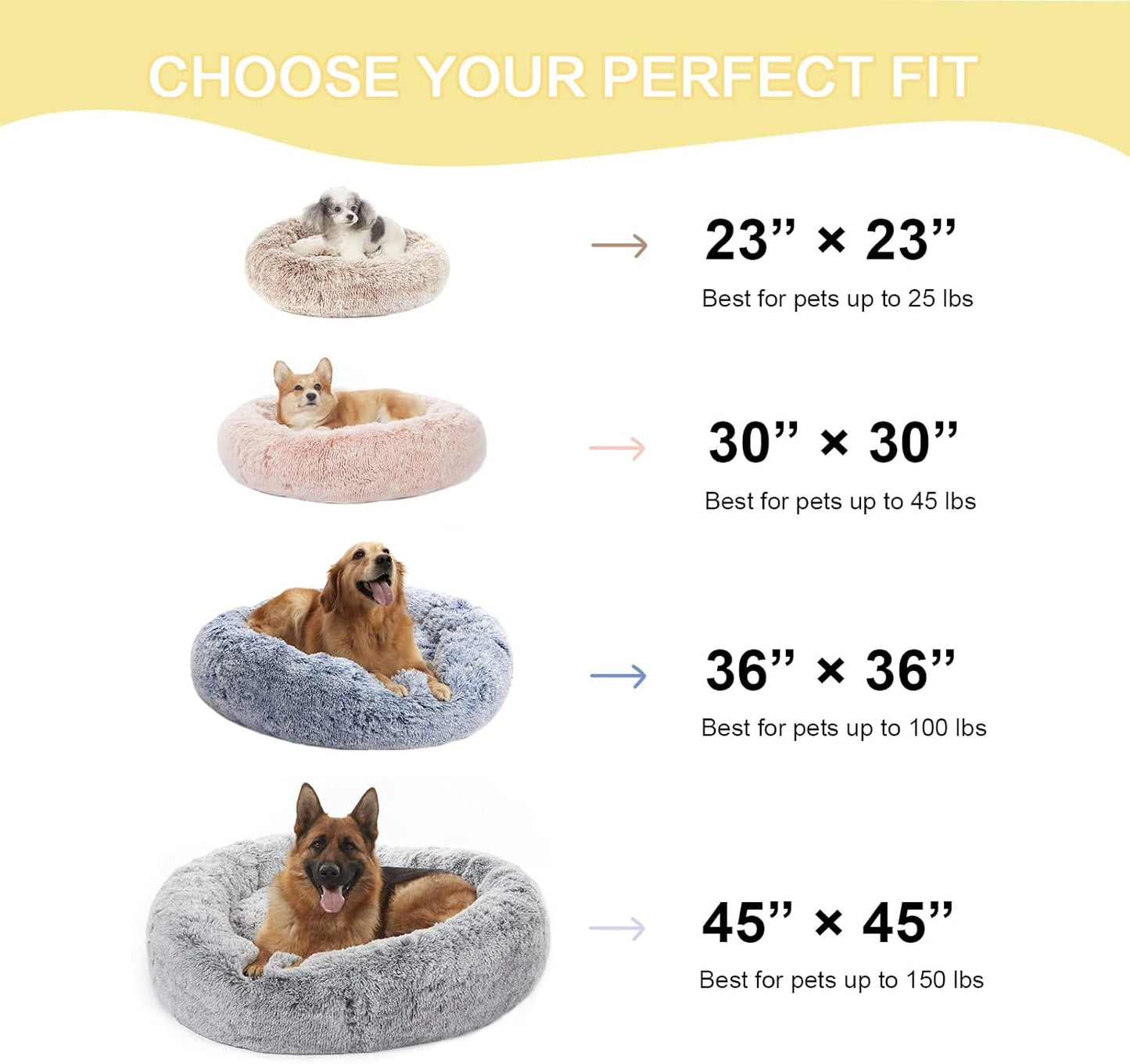 Bedfolks Calming Donut Dog Bed, 23 Inches Round Fluffy Dog Beds for Small Dogs, Machine Washable Anti-Anxiety Plush Puppy Bed（Light Grey, Small）