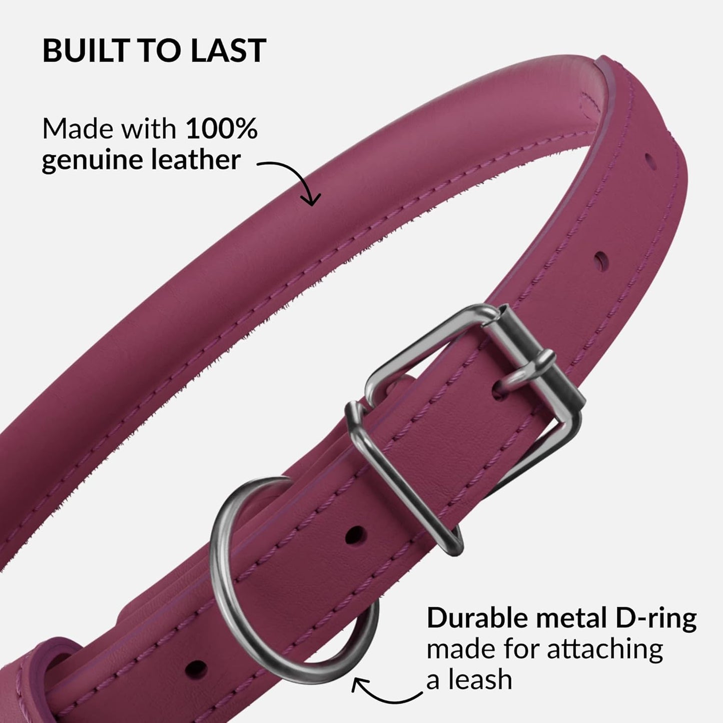 CollarDirect Rolled Leather Dog Collar, Soft Padded Round Puppy Collar, Handmade Genuine Leather Collar Dog Small Large Cat Collars 13 Colors (6-7 Inch, Pink Smooth)