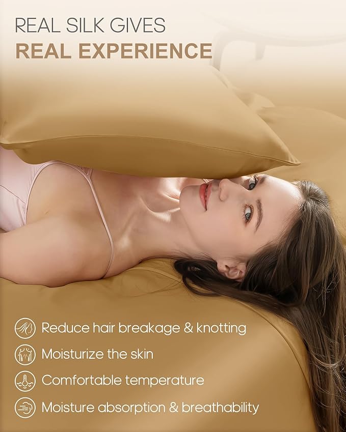 THXSILK Set of 2 100% Pure Mulberry Silk Pillowcases for Hair and Skin, 22 Momme Zipper Silk Pillow Case Standard Size, Real Silk Pillowcases with Zipper (Metallic Gold, Queen 20"x30")