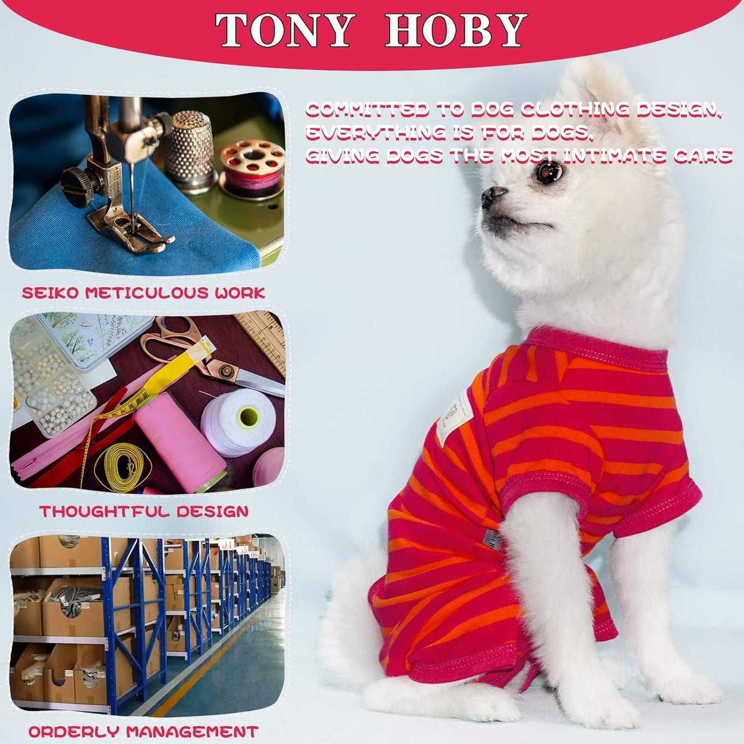 TONY HOBY Dog Pajamas, Female/Male Dog 4 Legged Pajamas, Soft Cotton Dogs Jumpsuit with Stripes (Rose Red&Orange, Girl, M)