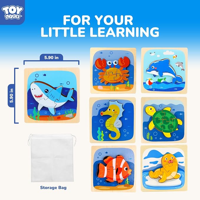TOY Life Toddler Puzzles Ages 2-4, Wooden Puzzles for Toddlers 1-3, 7 Pcs Sea Animals Puzzle 2 Year Old, Montessori Toddler Boys Girls Toys 2-3, Educational Gift Learning Toys for 2 Year Old