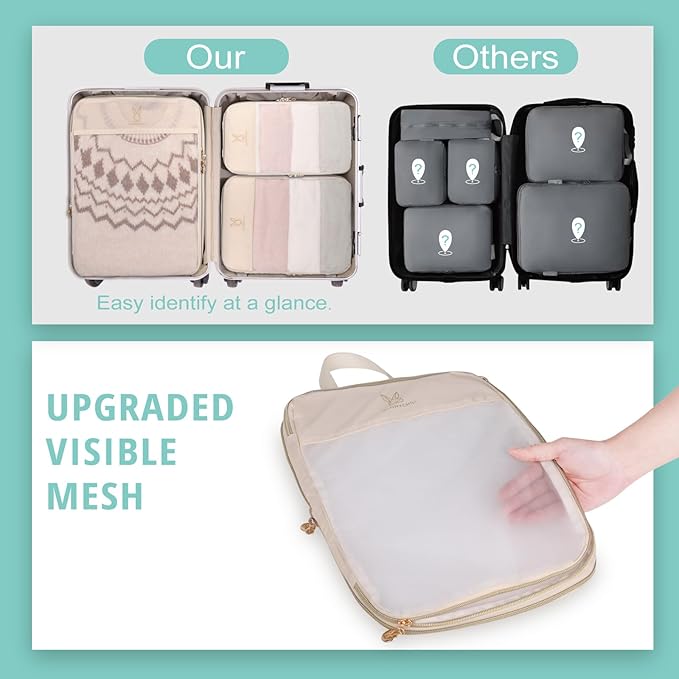 See Through Expandable Compression Packing Cubes, Mesh Travel Packing Cubes for Suitcases, Lightweight Organizers Bag Set for Travel Essentials for Luggage