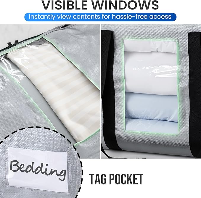 TAILI 2 Tier Extra Large Moving Bags, 4 Pack Silver Heavy Duty Totes for Storage with Visible Window, Wrap Around Handles, Storage Bags for Space Saving, Alternative to Moving Boxes