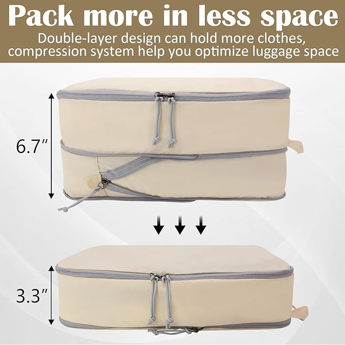 Extra Large Compression Packing Cubes for Travel Essentials, 2 Set Expandable Travel Cubes for Packing Compression Bags Luggage Suitcase Organizer, Cream