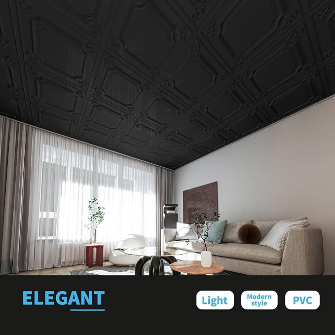 Art3d Drop Ceiling Tiles 24x24 in Black, Wainscoting Panels Glue Up 2x2