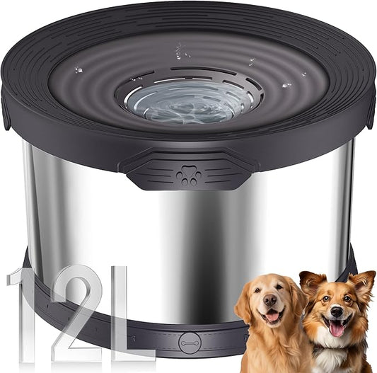 UPSKY Dog Water Bowl No Spill 12L Stainless Steel, 3.17 Gallon Large Capacity Spill-Proof Dog Bowls, Non-Slip Slow Drinking Anti-Splash Bowl for Large Messy Drinkers, No Mess Indoor/Outdoor Use, Black