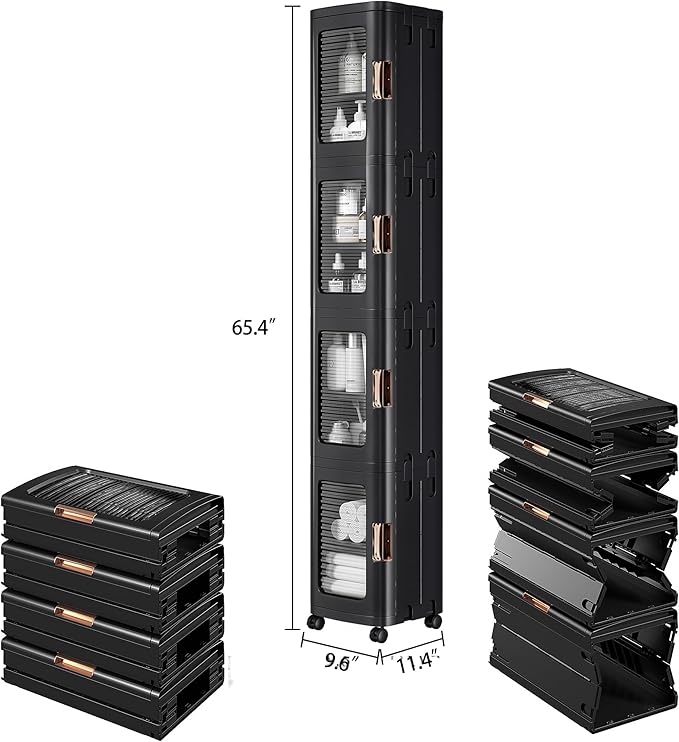 VECELO 4-Tier Tall Narrow Storage Cabinet with Movable Wheels, Adjustable Shelves, Anti-Tip, Slim, for Small Space, Bathroom, Kitchen, Laundry, Black