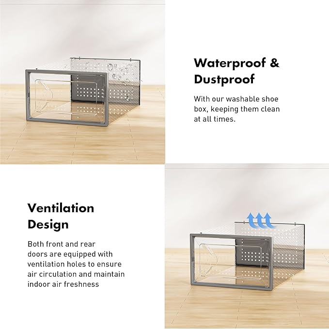Shoe Storage Box, 15 Pack Clear Plastic Stackable Shoe Organizer for Closet, Interlocking Design Shoe Container Bins for Sneakers, Foldable Shoe Rack with Lids, Gray