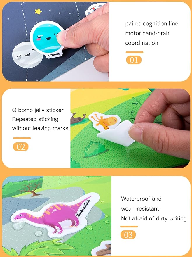 Jelly Reusable Sticker Books, Portable Travel Toys Sticker Activity Book for Kids 3+ Year Old Girls Boys, Animal Insect Dinosaur Ocean Space Car