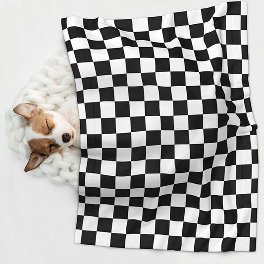 Double Sided Pet Mat for Dog Bed Topper Cat Blanket Furniture Protector, Black and White Checkered, Reversible Plush with Tactile Dot Pattern for Style Change