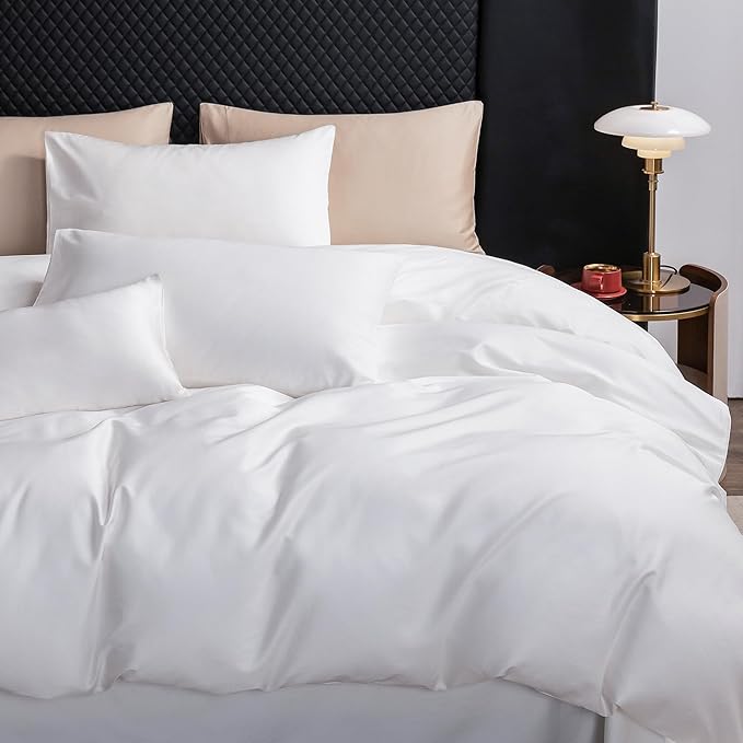 MooMee Duvet Cover Set 100% Extra Long Staple Cotton 600 Thread Count Silky Sateen Smooth Luxury Soft Breathable Durable Hotel Quality Bedding, 3 Pieces (White, Super Queen 90"x98")