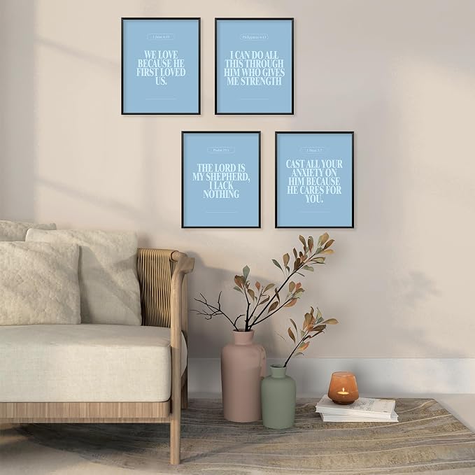 Locomiss Light Blue Christian Wall Art Decor Posters, Modern Bible Verse Prints