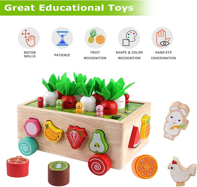 SKYFIELD Montessori Wooden Garden Toy for Baby Boys Girls 1 2 3 Years Old, Fine Motor Skills Developmental Gift Toy Color Shape Fruit Sorting Orchard Cart Farm Game for Toddler 1-3