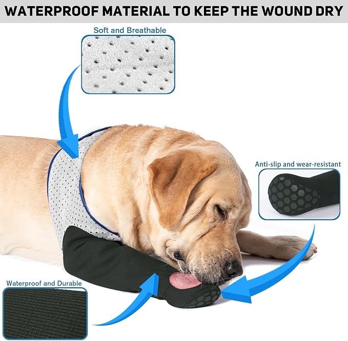 COODEO Dog Socks to Prevent Licking Paws, Healing Boots & Paw Protectors with Non-Slip Bottoms for Wound Protection, Waterproof Sleeve Shoes for Licking（Grey，3XL_Right