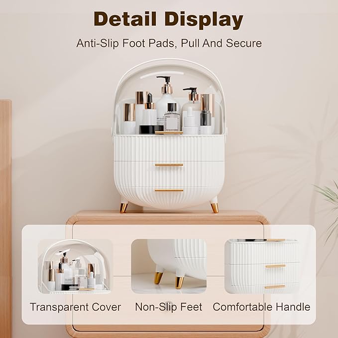 Makeup Organizers and Storage Make up Organizer for Vanity Cosmetics Skincare With Lid and Drawers Display Cases for Countertop Bathroom Women Teenager Girl Gifts(White+Brush Holder)