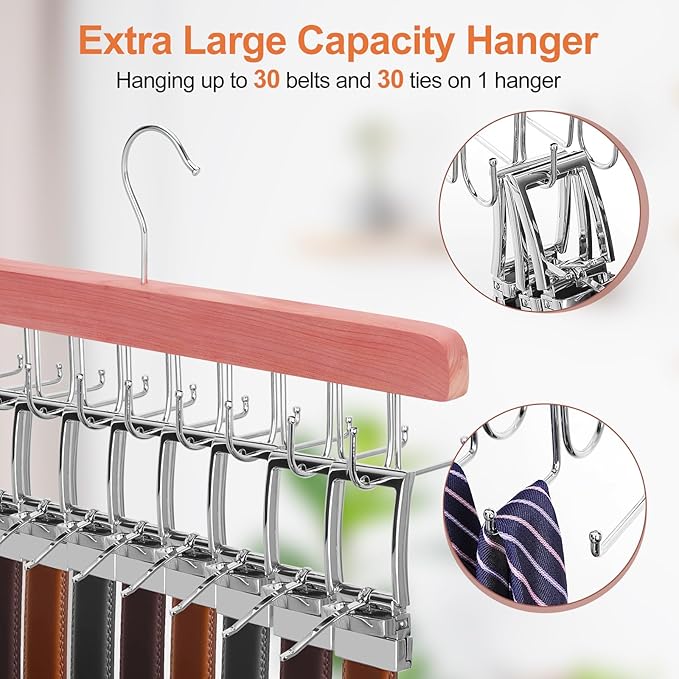 TOPIA HANGER Cedar 2 in 1 Belt Tie Hanger for Closet Max 30 Belts with 30 Ties Capacity, 20 Hooks Belt Tie Racks Hanger for Closet Organizer Storage “U” Fit Belt and “一” Fit Tie - CT53C