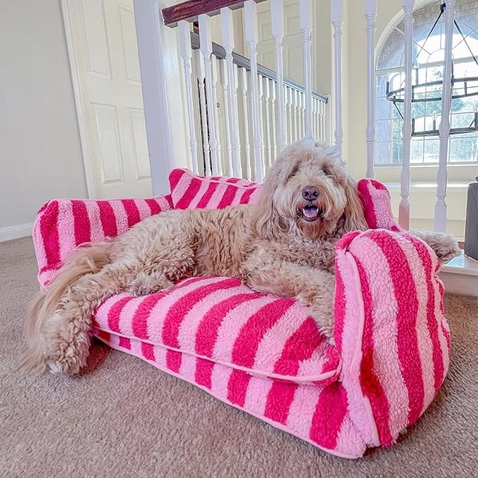 Lazy Holiday Plush Cozy Dog & Cat Sofa Bed, Teddy Velvet Dog Bed, Trendy Striped Faux Lambswool Double Layer Dog & Cat Sofa Bed Dogs Sleeping Mat for Medium Small Dogs & Cats (Pink,L)