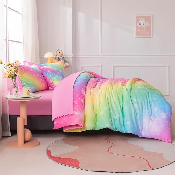 6Pcs Twin Size Comforter Set for Girls Kids, Gradient Rainbow Glitter Girls Bedding Set with Sheets, Soft & Breathable Kids Bed for Gift Bedroom Decor