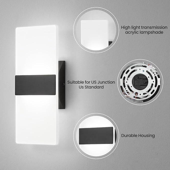 12 Inch Modern Black LED Wall Sconce, Indoor Dimmable Wall Lights, 12W