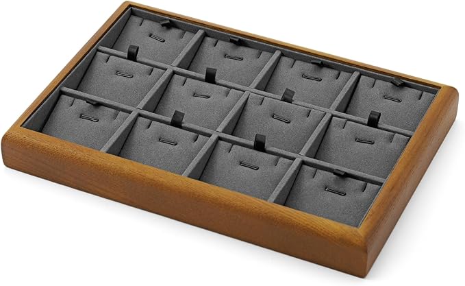 Oirlv Solid Wood 12 Grid Liner Pendant Jewelry Organizer Tray Jewelry Drawer Organizer(Grey)