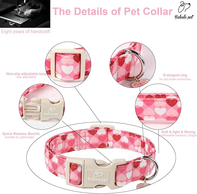 Valentines Dog Collar for Small Dogs - Cute Valentine Pink Hearts Girl Dog Collars, Adjustable Girly Puppy Collar with Quick Release Buckle for Female Dogs S