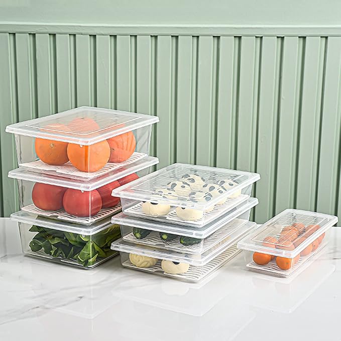 Food Storage Container, Plastic Food Containers with Removable Drain Plate and Lid, Stackable Portable Freezer Storage Containers - Tray to Keep Fruits, Vegetables, Meat (X-Large(4PCS))